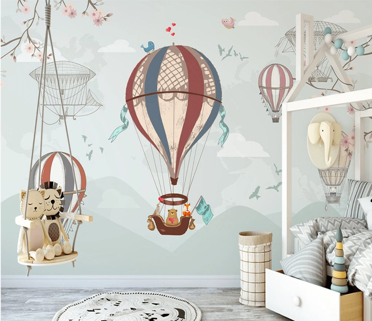 Vintage children's wallpaper hot-air balloon and animals