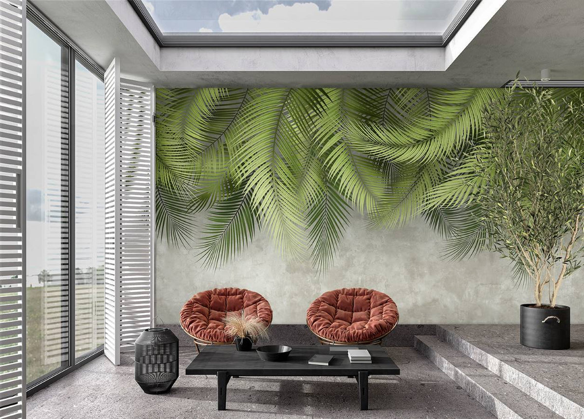 Palm leaf and cement wall wallpaper