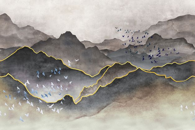 Papier peint intissé doré montagne noir et blanc brume - papier peint sur mesure francais - muralconcept
