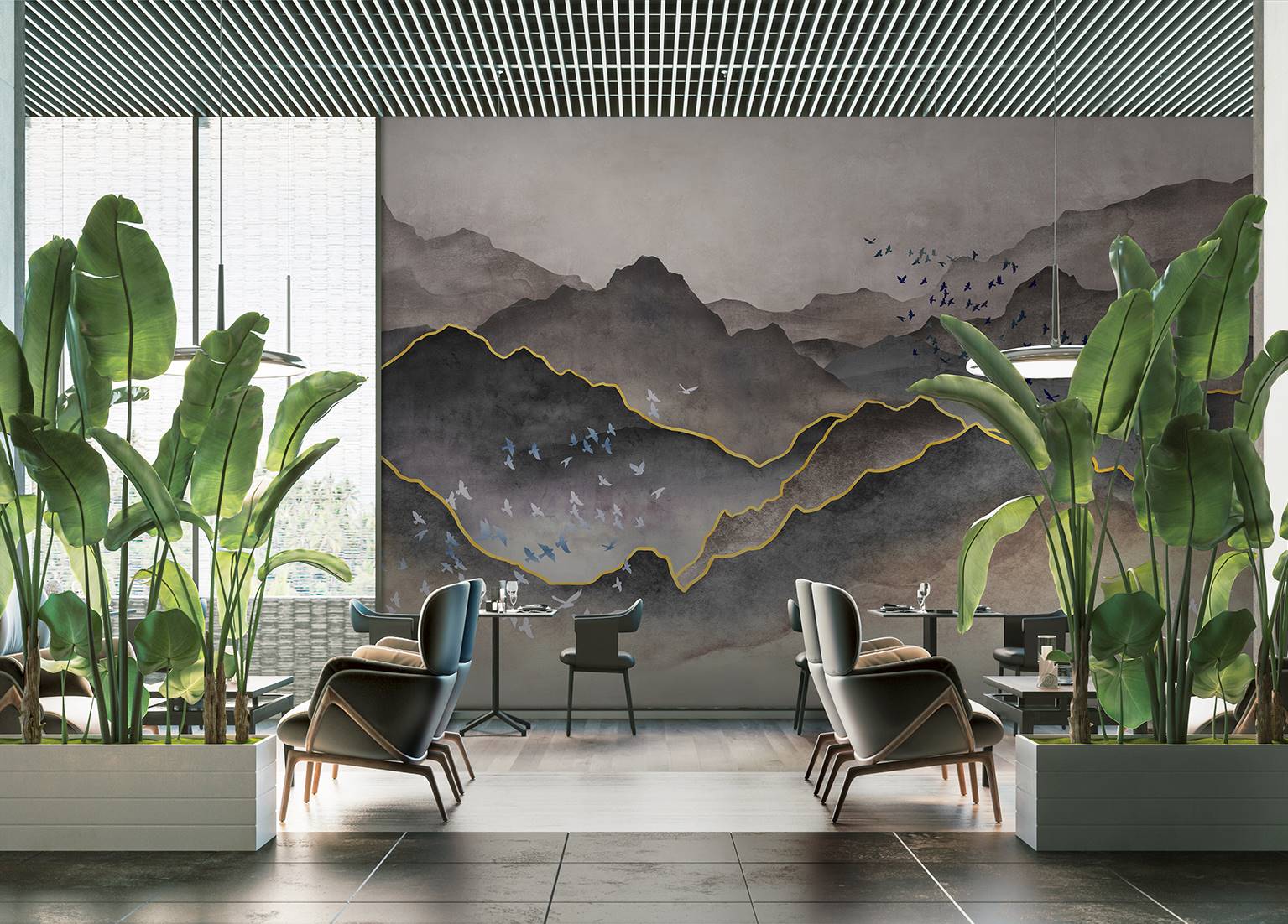 Papier peint intissé doré montagne noir et blanc brume - papier peint sur mesure francais - muralconcept