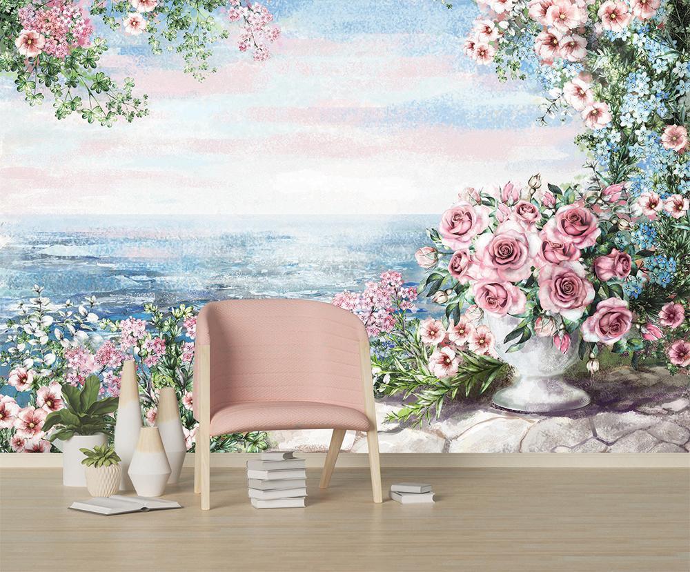 Sea bordered by roses wallpaper