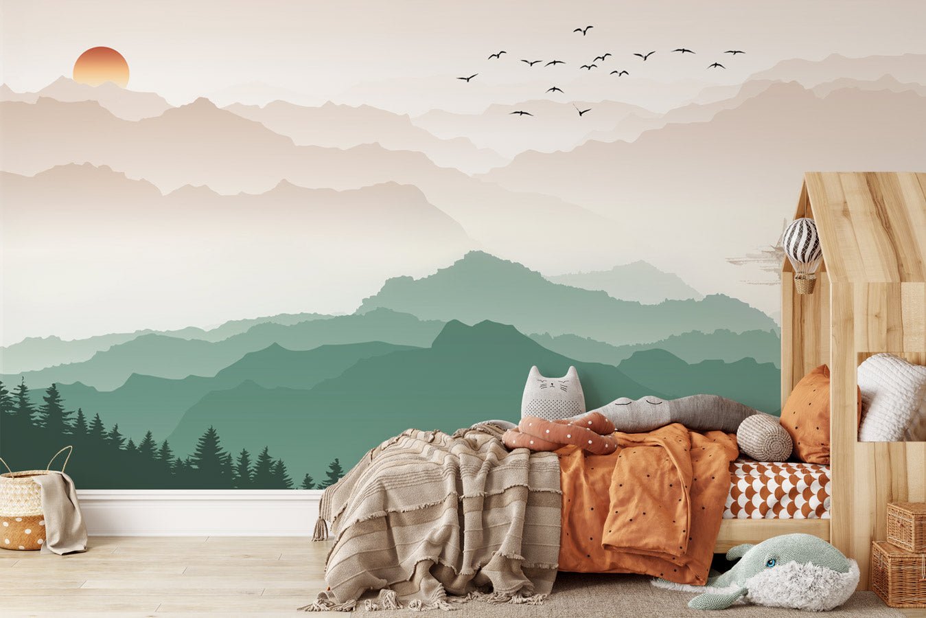Papier peint montagne dans brume terracotta - papier peint sur mesure francais - muralconcept