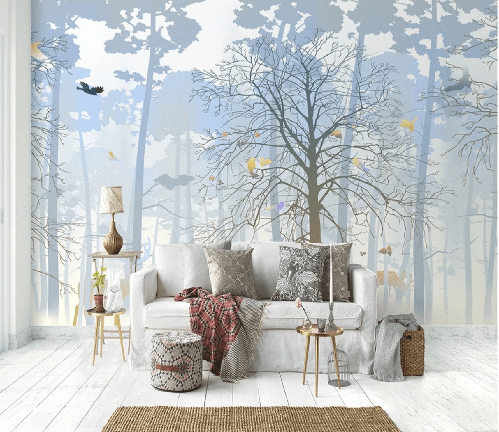 Papier peint nature forêt bleu & fraîcheur de l'aube - papier peint sur mesure francais - muralconcept