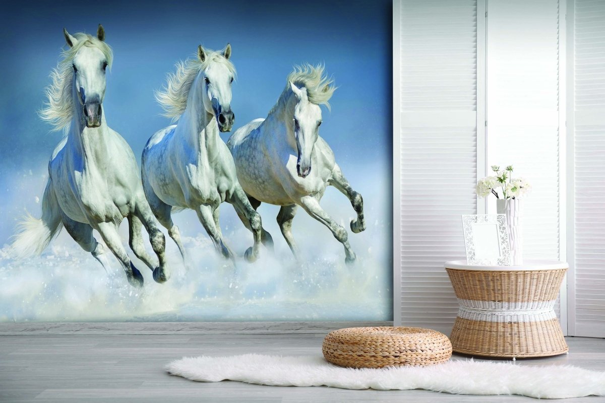 Panoramic wallpaper snow white horses