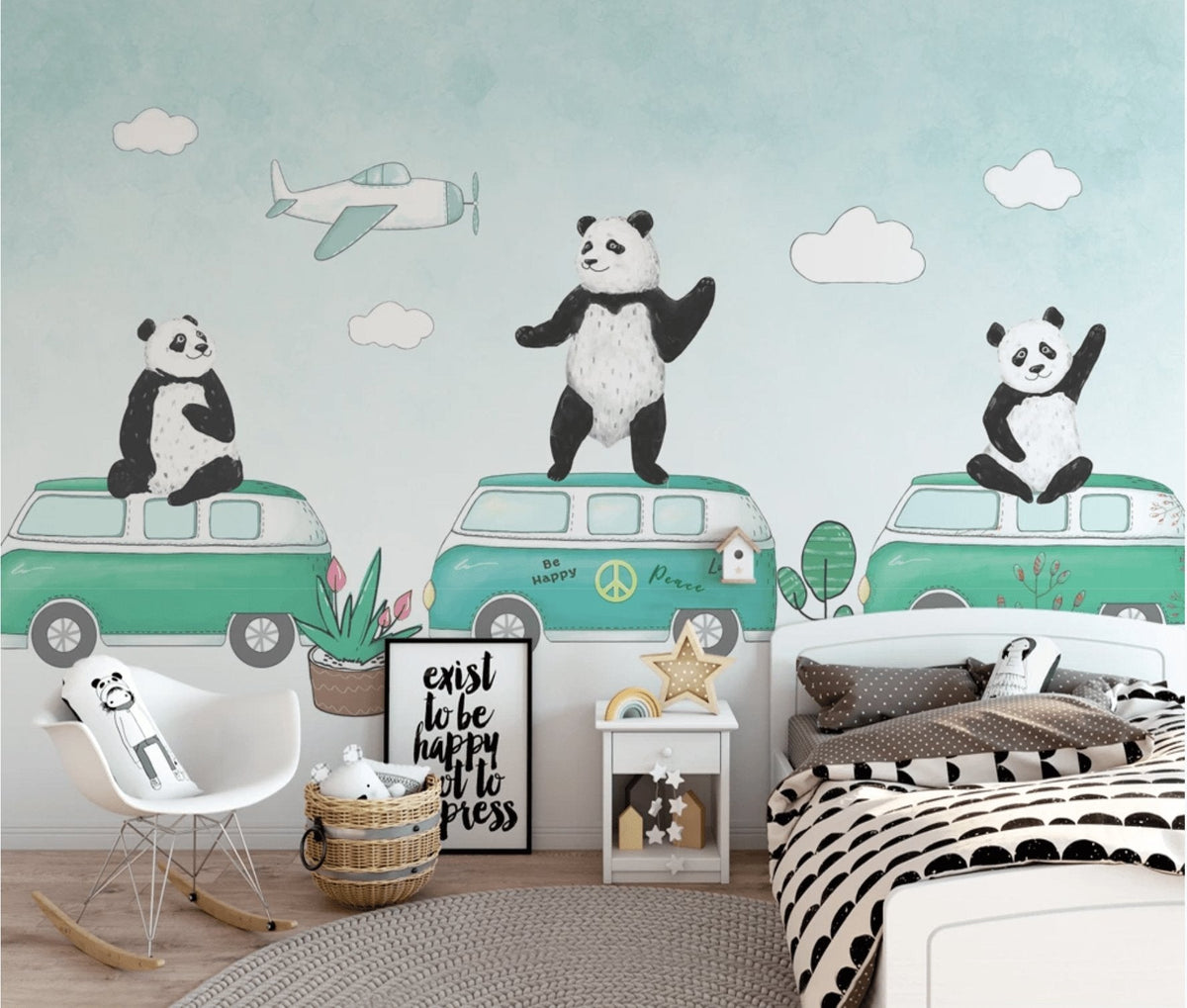 Funny panda children's panoramic wallpaper