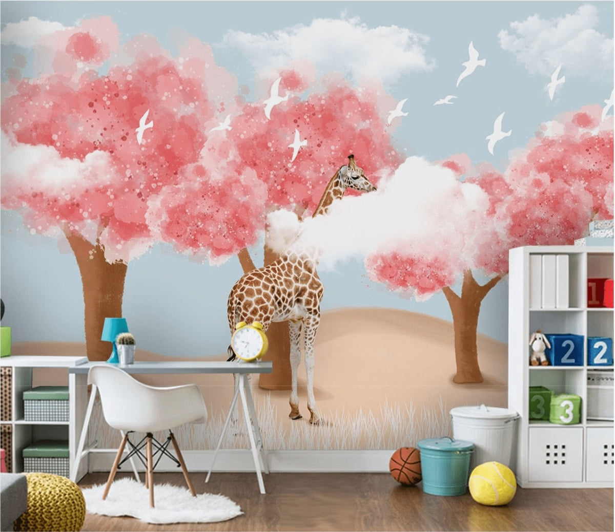 Scandinavian children's panoramic wallpaper Giraffe & Trees