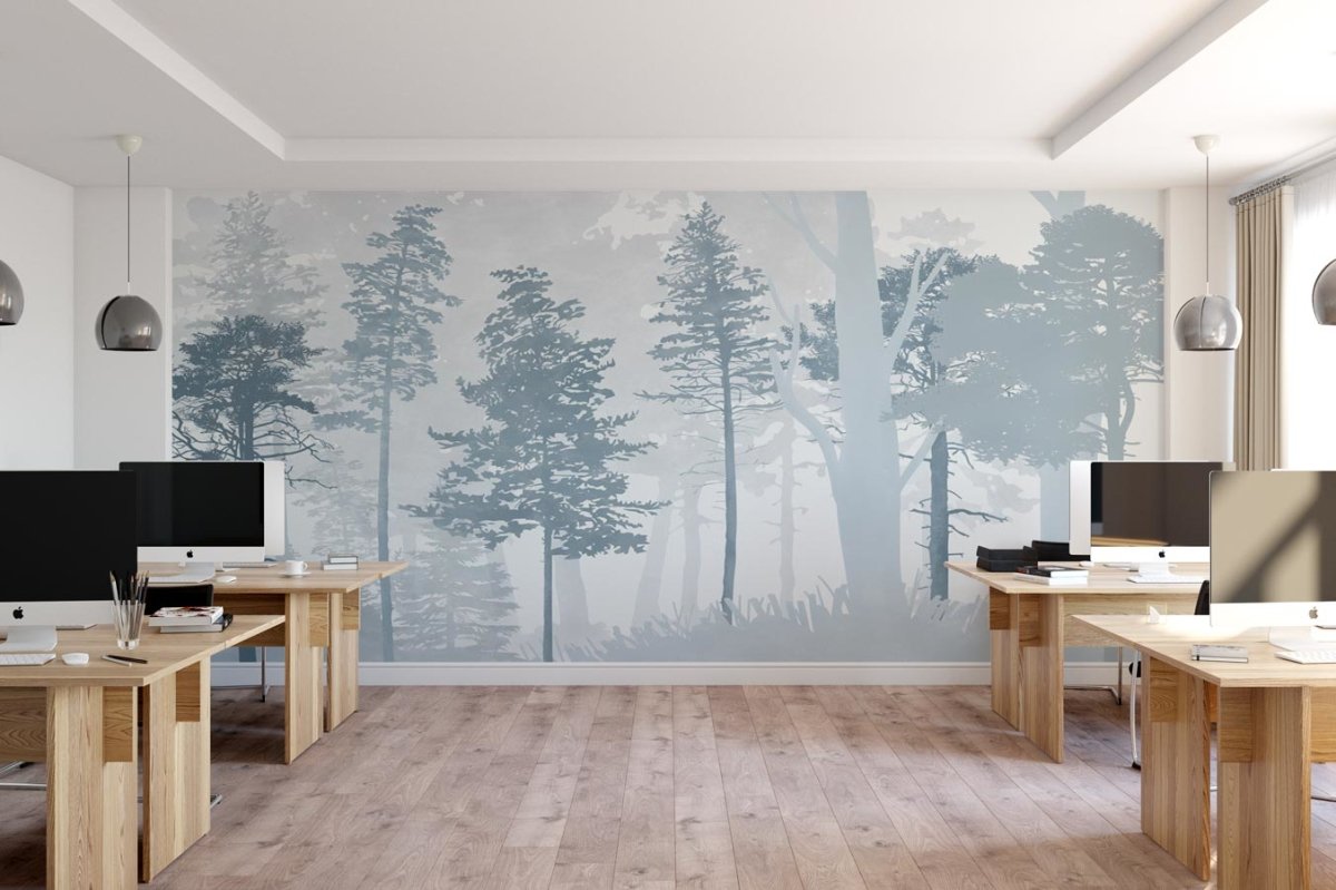 Papier peint panoramique forêt bleu scandinave - papier peint sur mesure francais - muralconcept