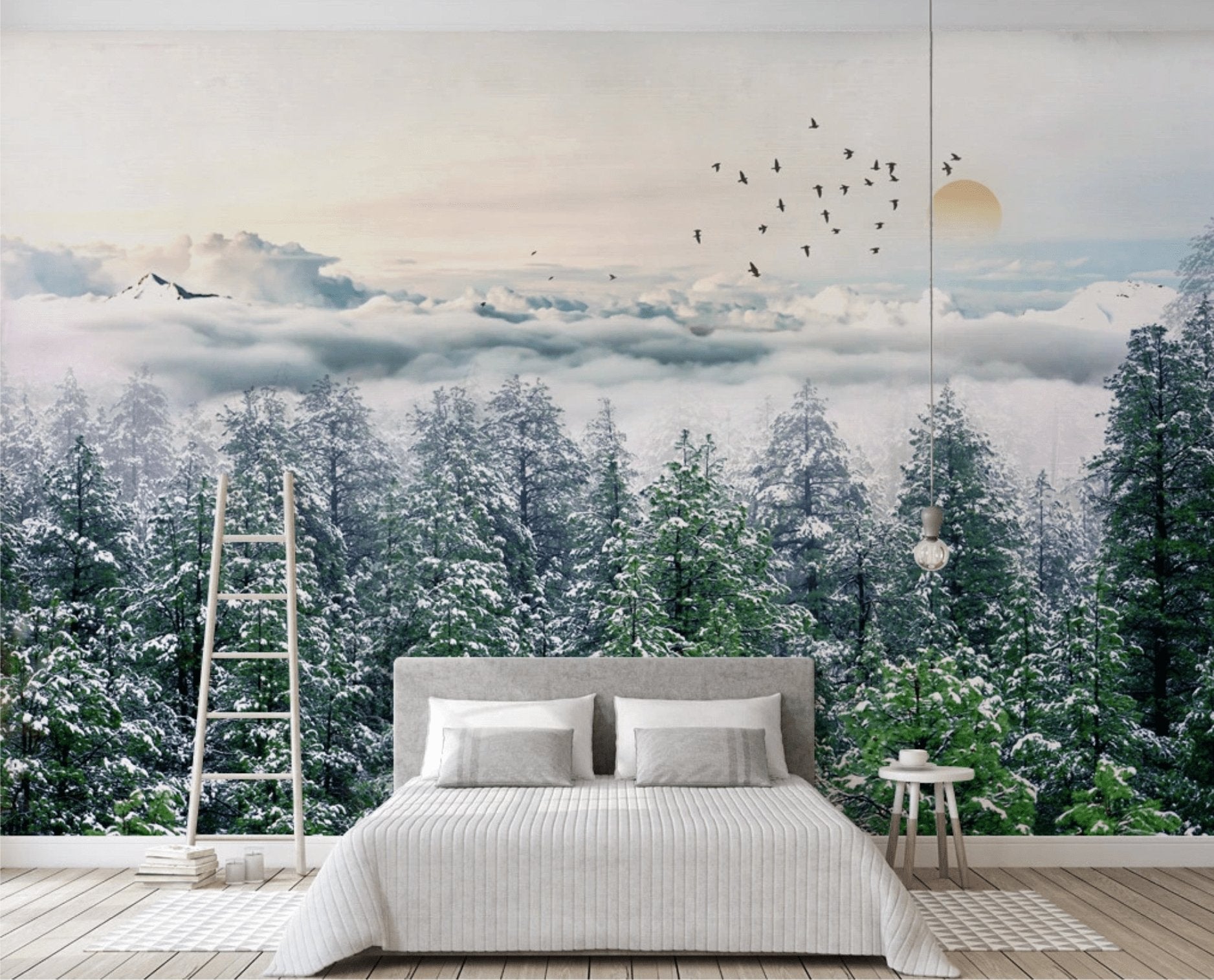 Papier peint panoramique intissé forêt de sapin neige - papier peint sur mesure francais - muralconcept