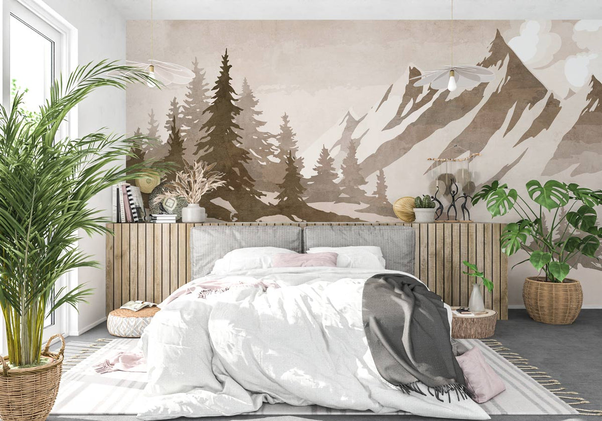 Papier peint sapin et montagne vintage sépia