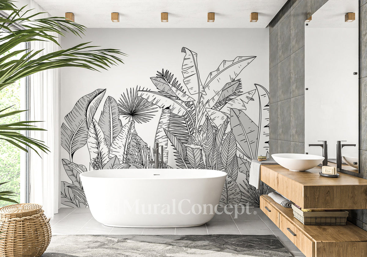 Black and white botanic leaf bathroom wallpaper