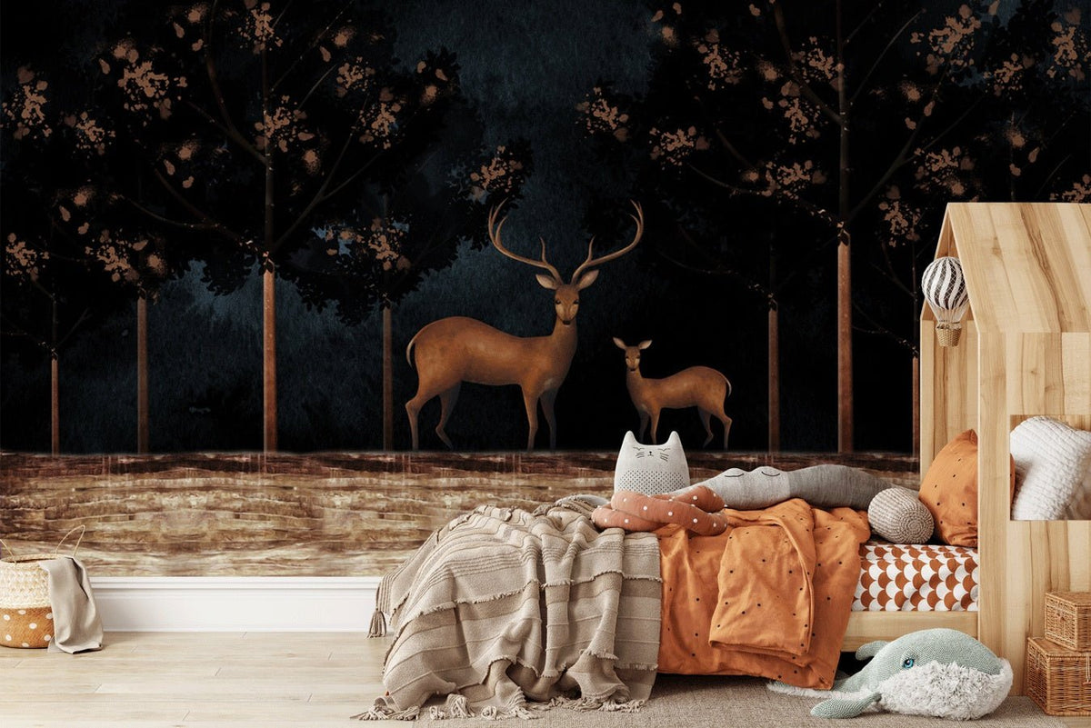 Chic black forest deer wallpaper