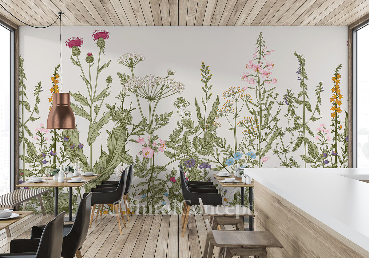 Romantic folk botanical bistro wallpaper