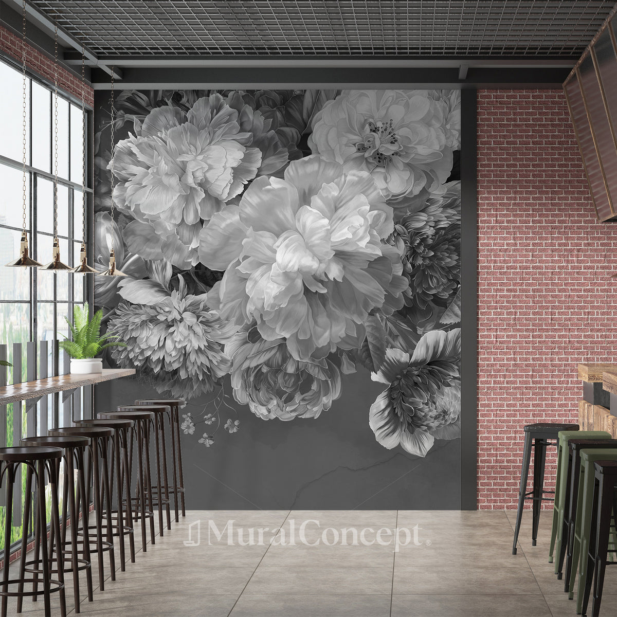 Black and white peony bistro wallpaper