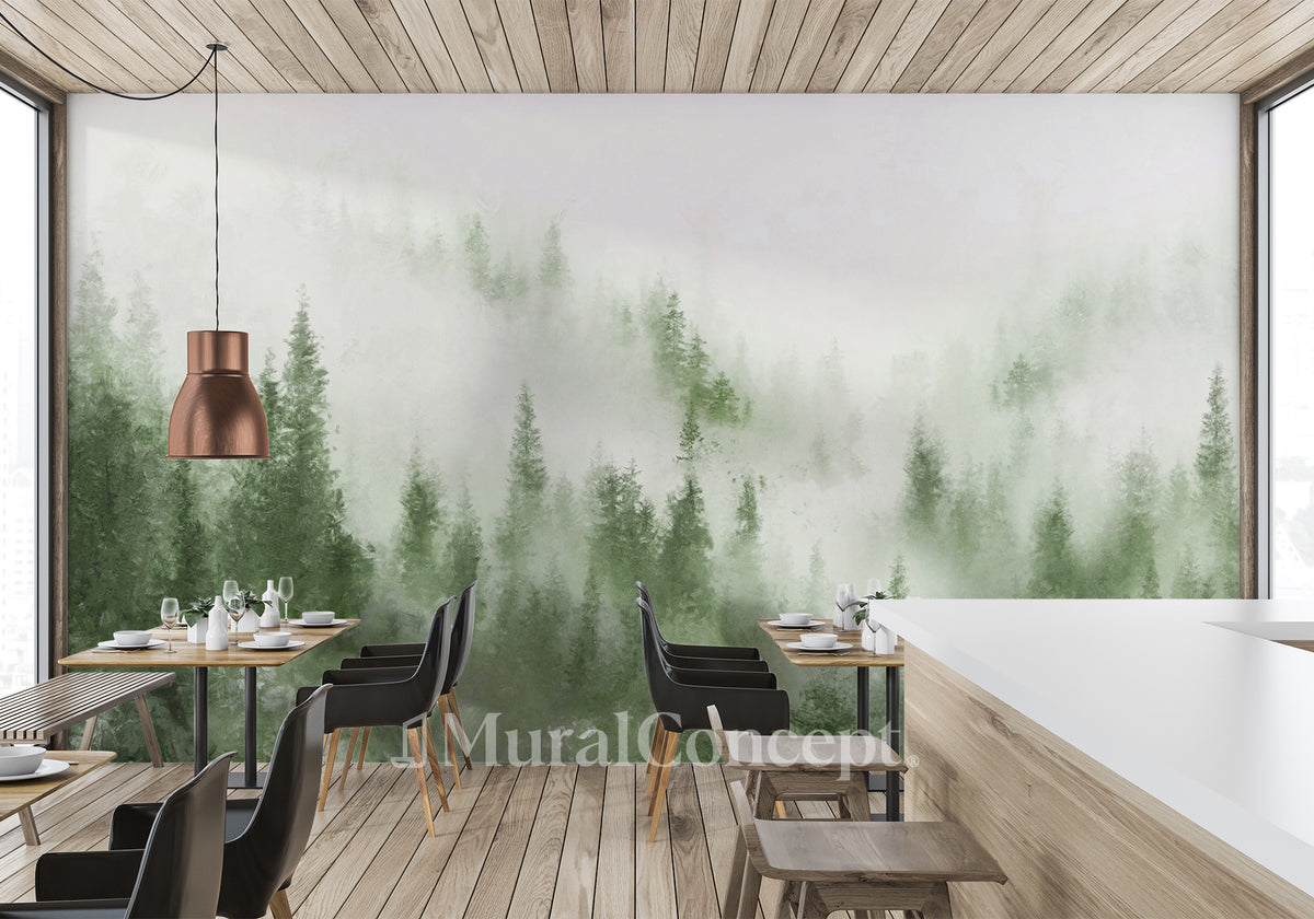 Green mist watercolor fir bistro wallpaper