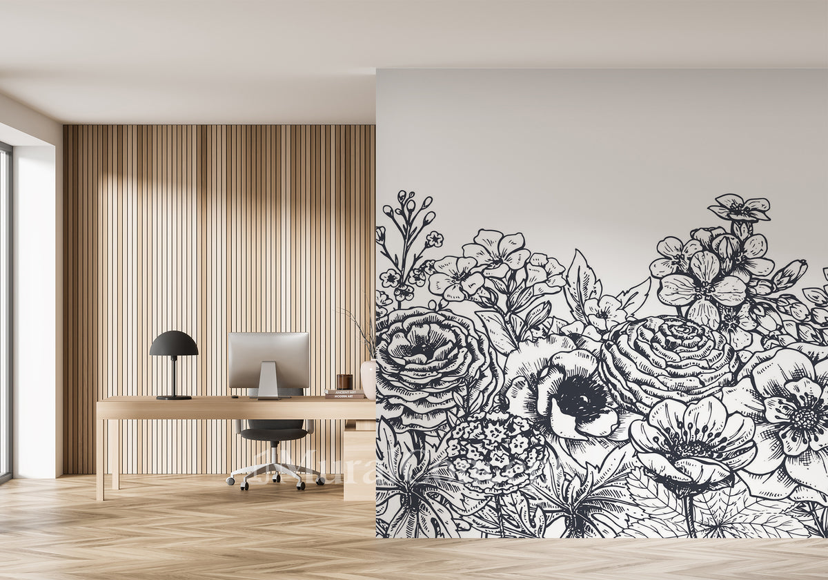 Black and white floral bouquet office wallpaper