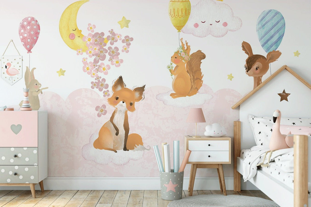 Baby room wallpaper pink animals cloud