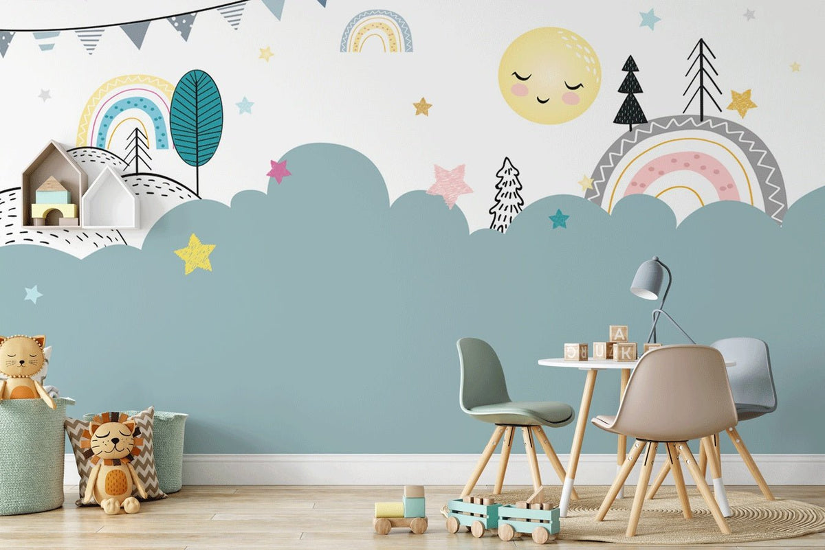 Blue and sweet night baby room wallpaper