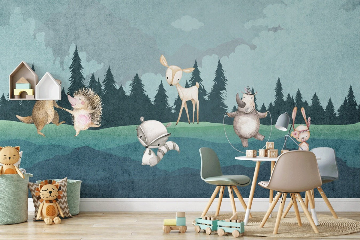 Children's bedroom wallpaper animals in the forest