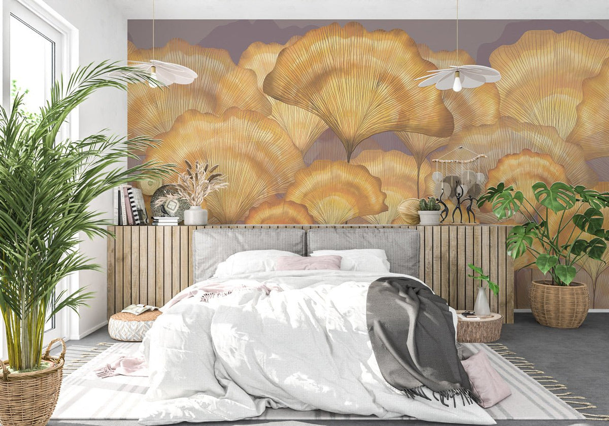 Papier peint contemporain ginkgo ocre