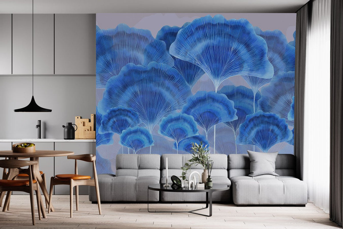 Contemporary ginkgo zen blue wallpaper