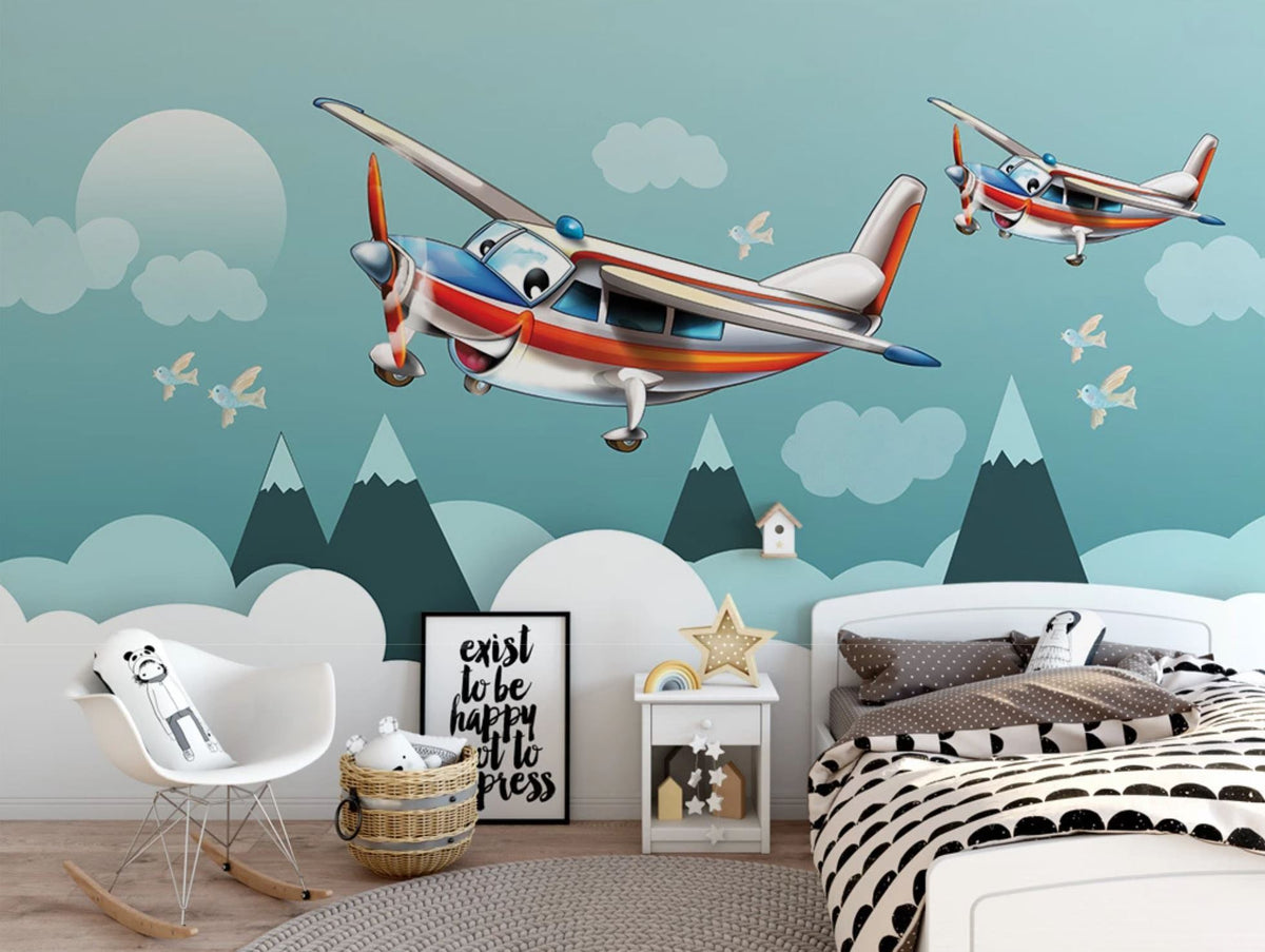 Children's wallpaper exploring in an airplane