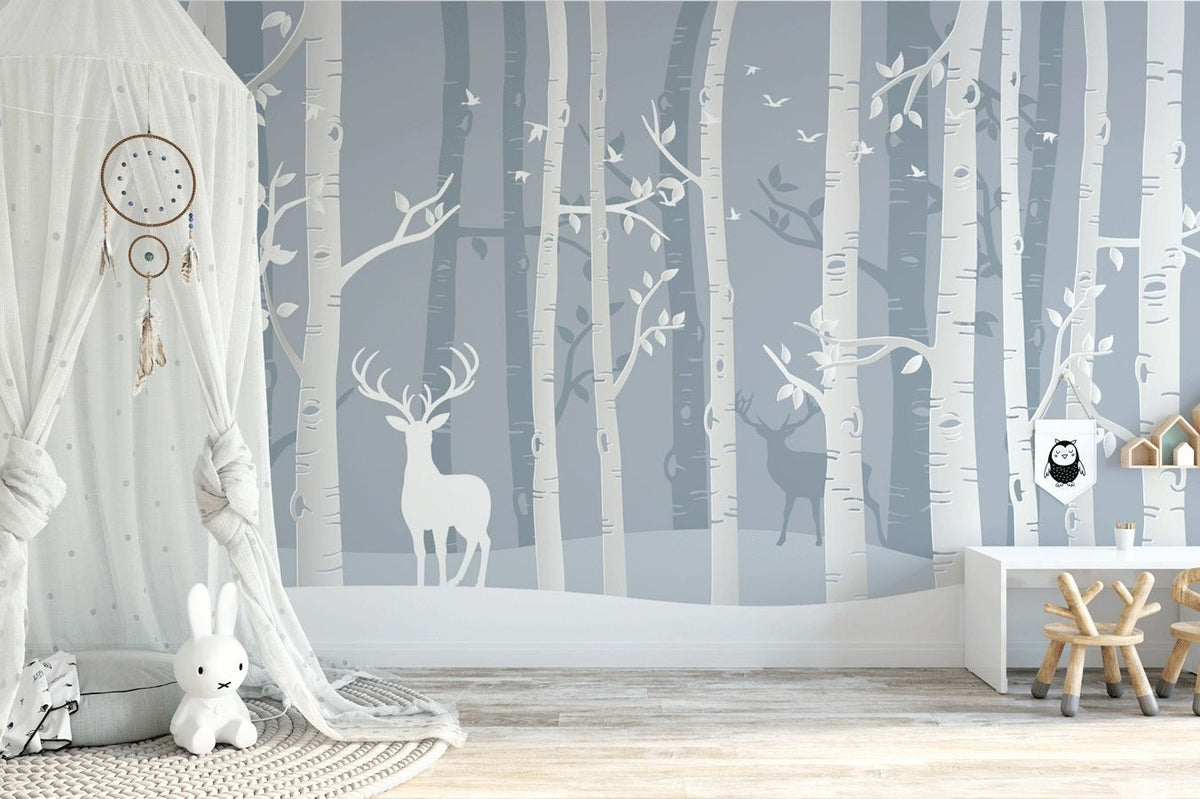 Children's Scandinavian forest wallpaper birch and deer