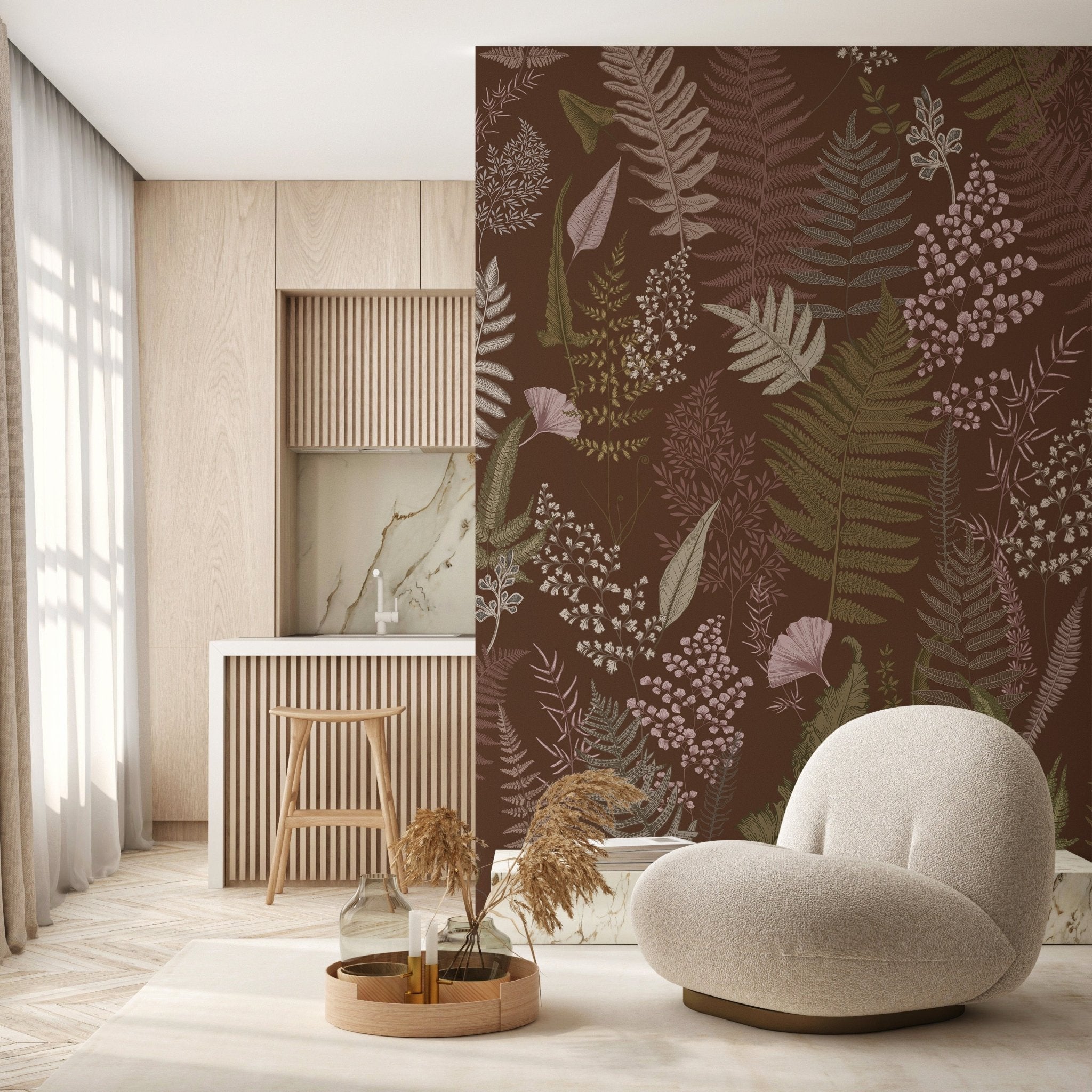 Papier peint feuille dense terracotta, mural concept, tendance