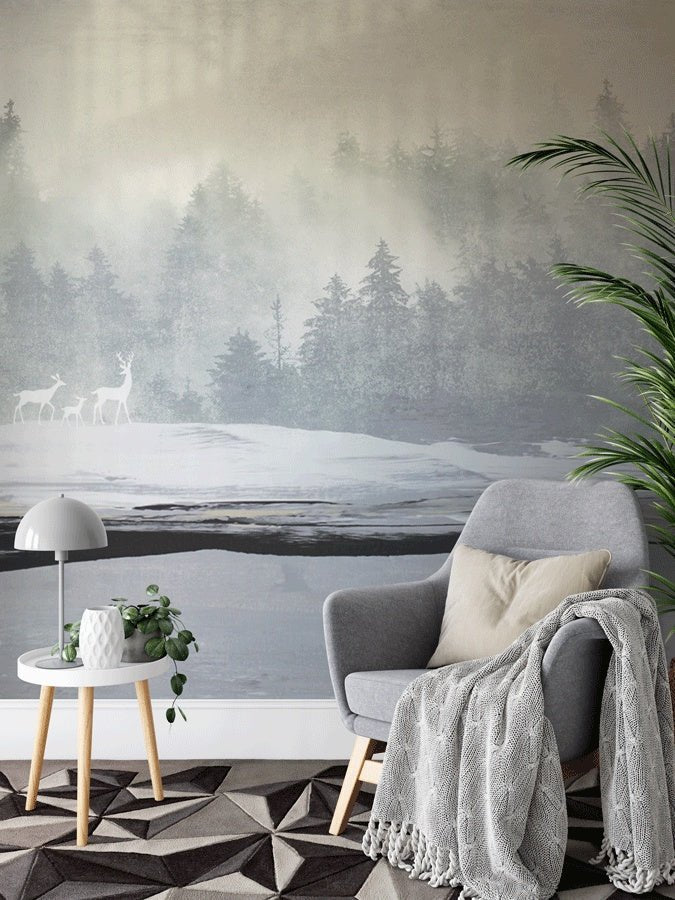 Papier peint forêt brumeuse et cerfs - Muralconceptpapier_peint_sur_mesure