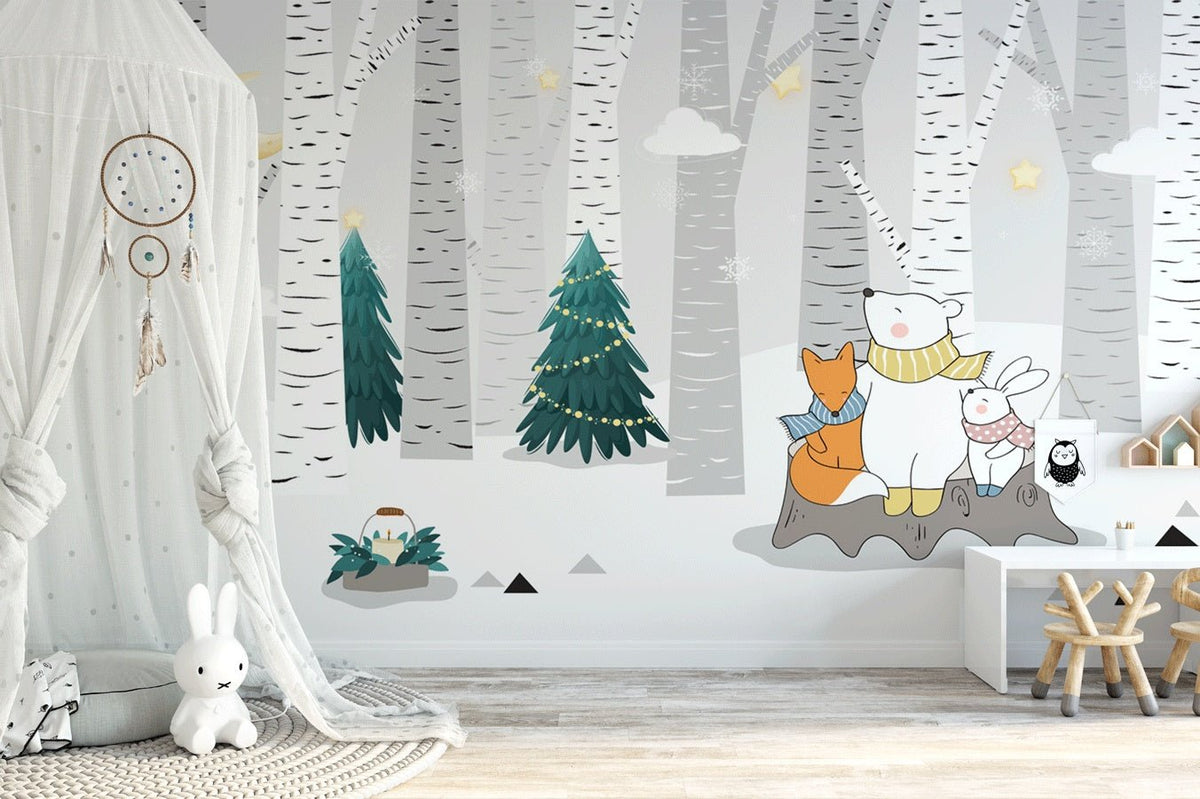 Polar bear forest baby room wallpaper