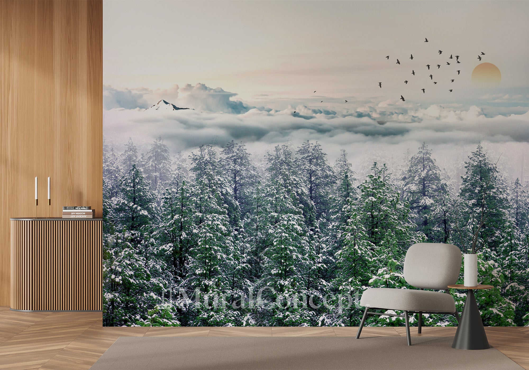 Papier peint panoramique intissé forêt de sapin neige - panoramique français