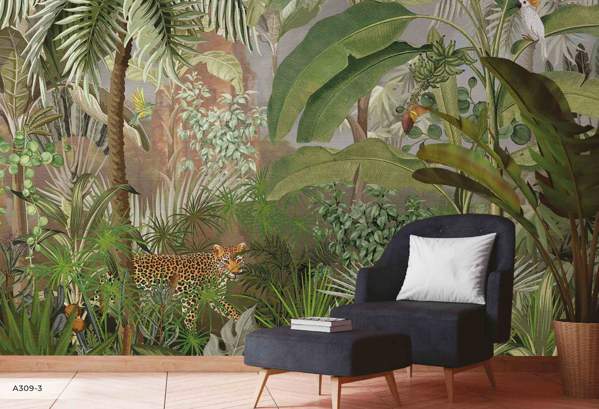 Jungle & leopard panoramic wallpaper