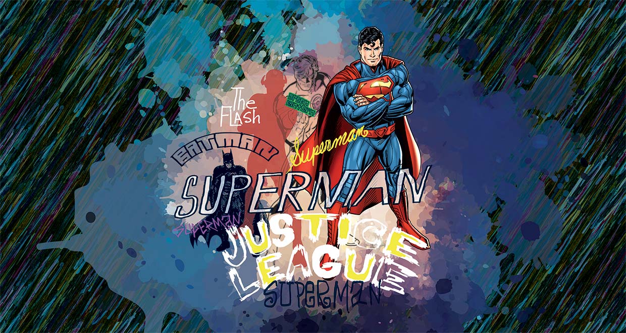 Papier peint panoramique justice league héro old school - papier peint sur mesure francais - muralconcept