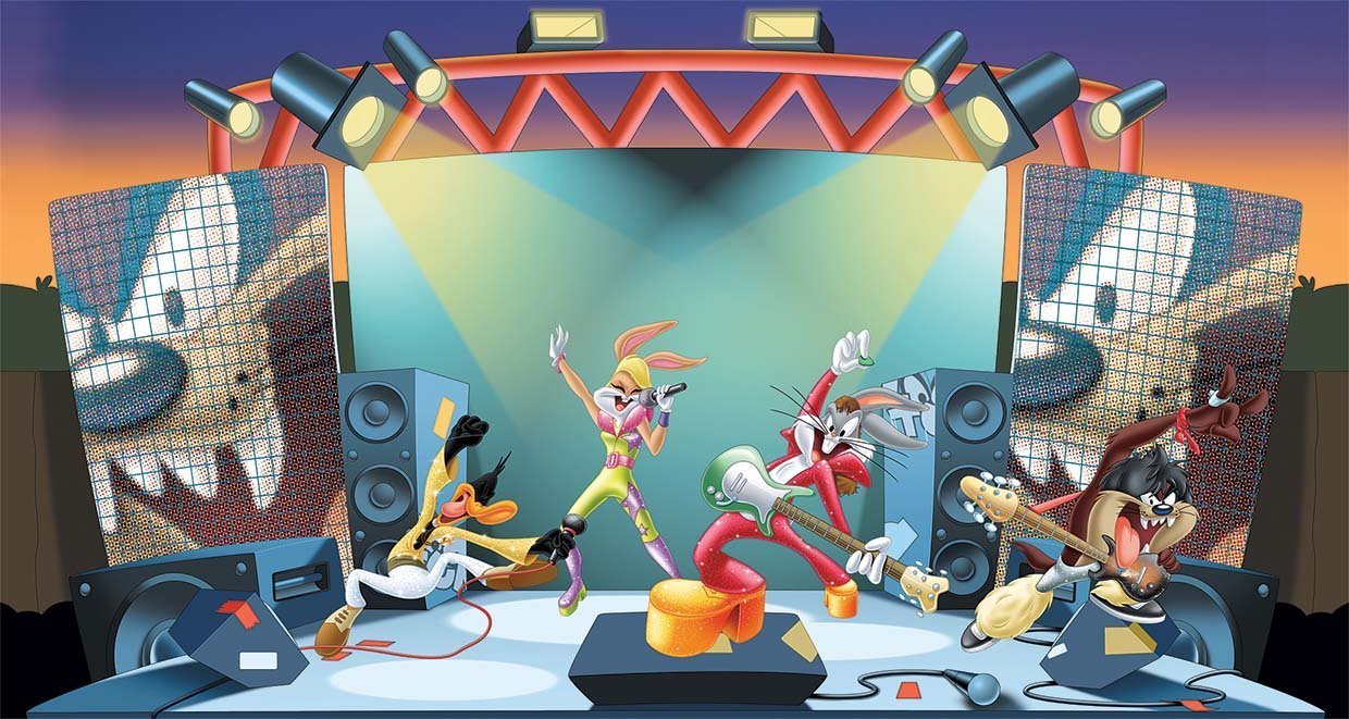 Papier peint panoramique looney tunes cartoon superstars concert fun & disco - papier peint sur mesure francais - muralconcept