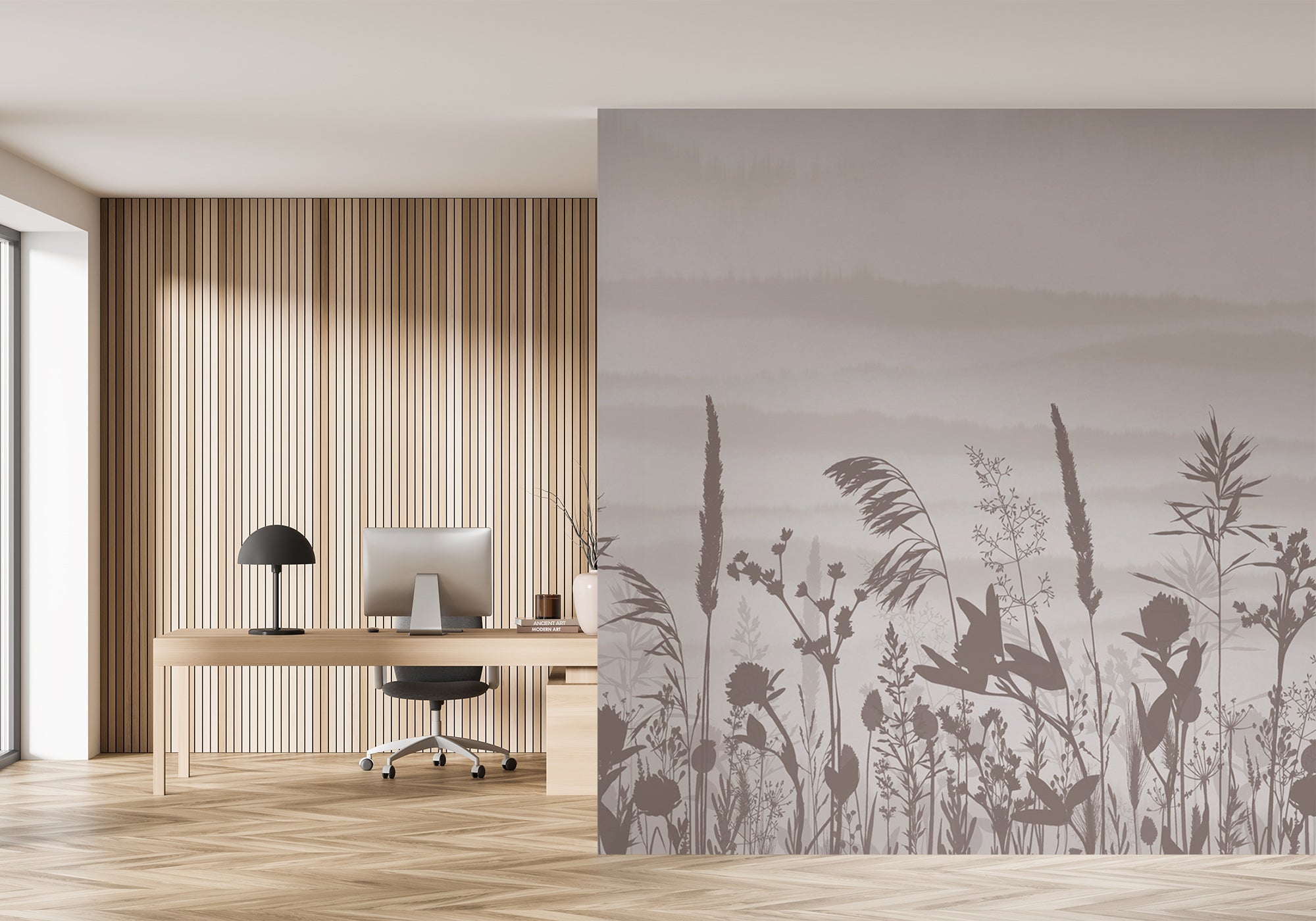 Papier peint panoramique brindille monochrome - décor mural sur mesure français