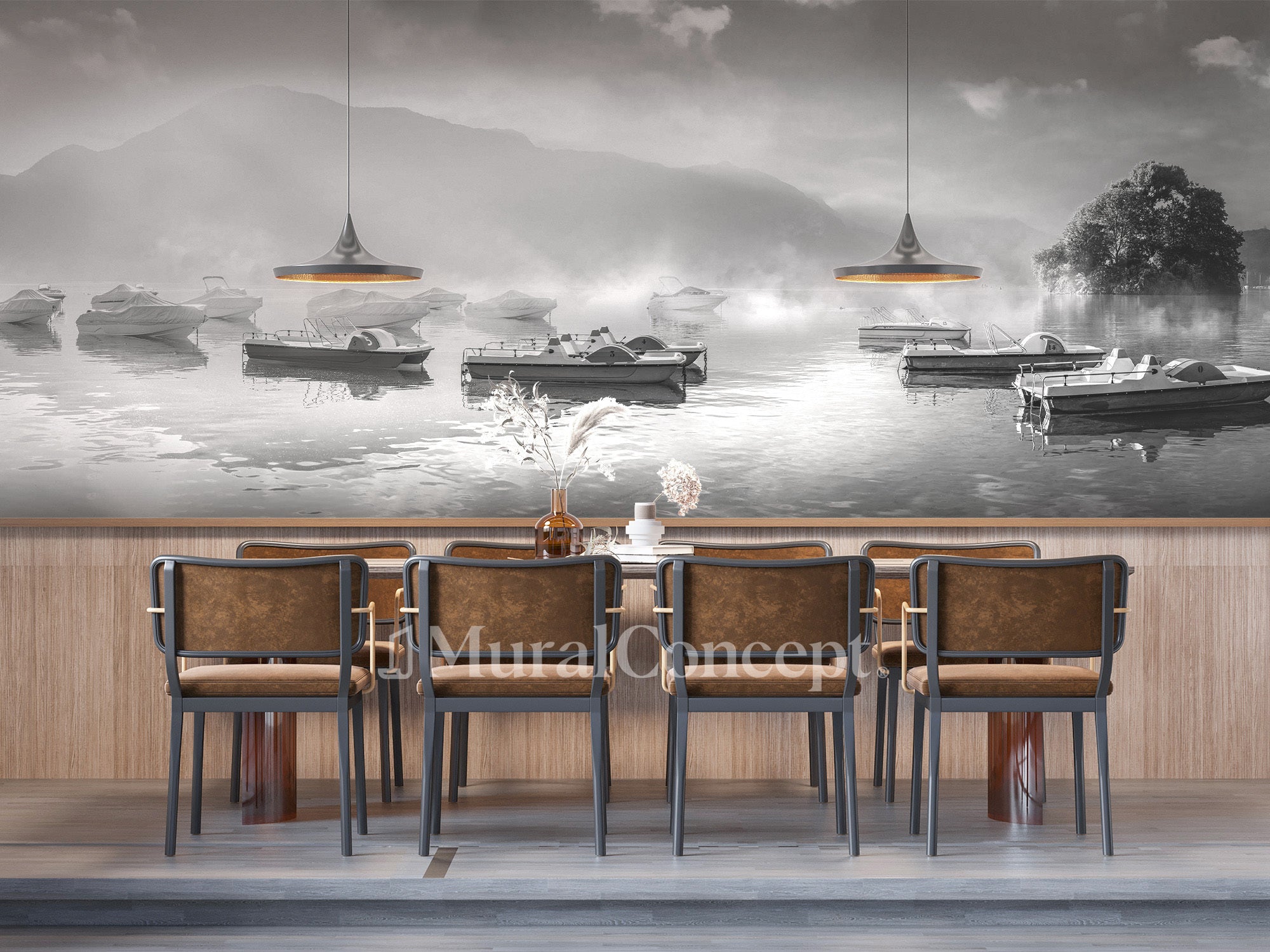 Papier peint restaurant un matin frais au lac d'Annecy noir et blanc - panoramique français