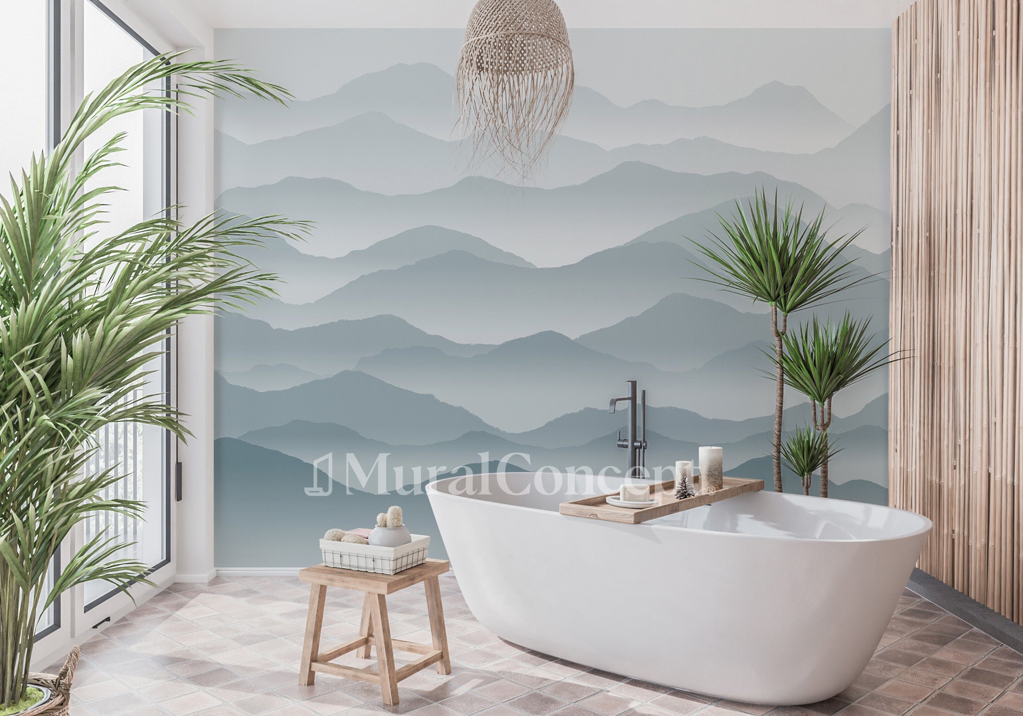 Papier peint salle de bain cimes mystiques bleu - panoramique français