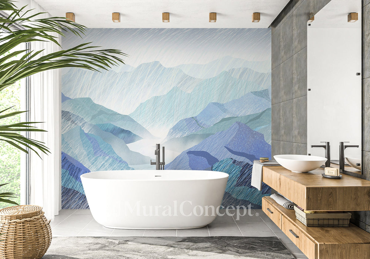 Blue mountain bathroom wallpaper