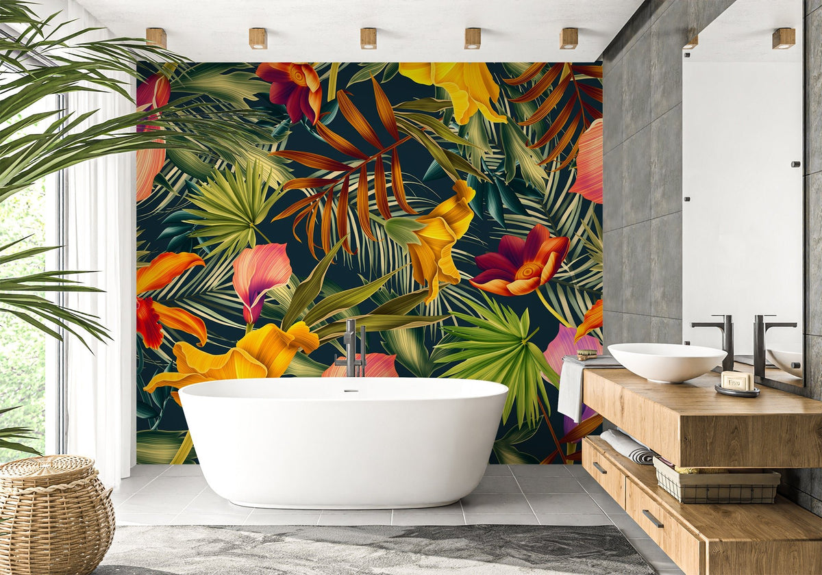 Tropical orange bathroom wallpaper