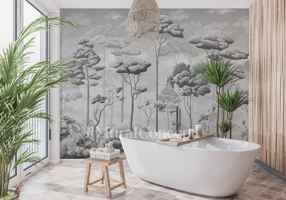 Black and white pine forest bathroom wallpaper