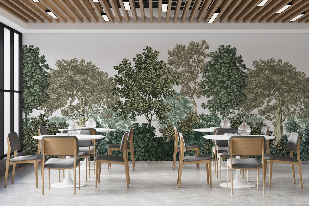 Forest landscape restaurant wallpaper engraving