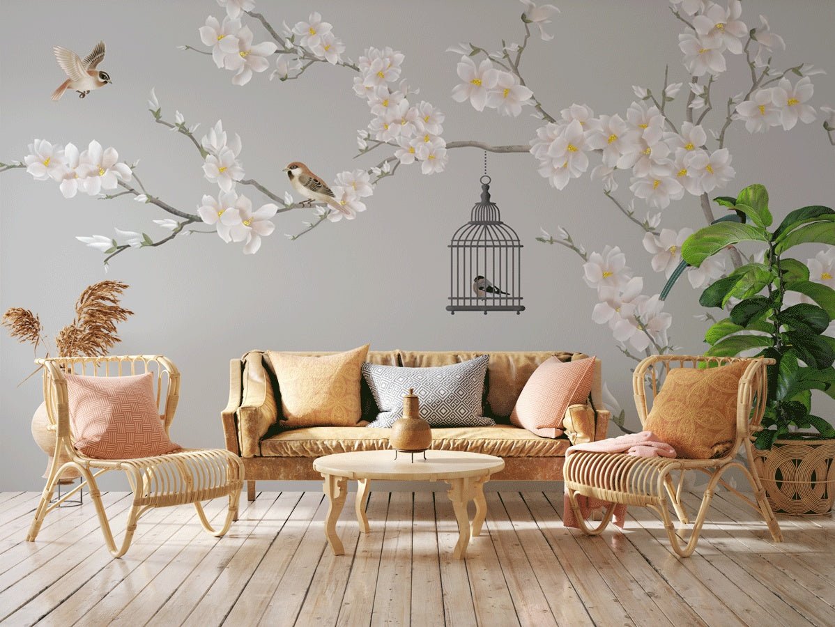 Romantic living room wallpaper flowering tree