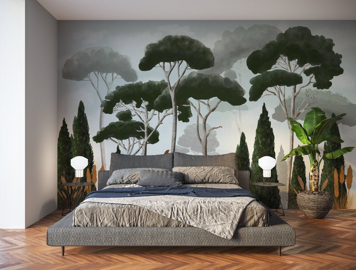 Papier peint sur mesure cyprès pins et herbes de la pampa - papier peint sur mesure francais - muralconcept