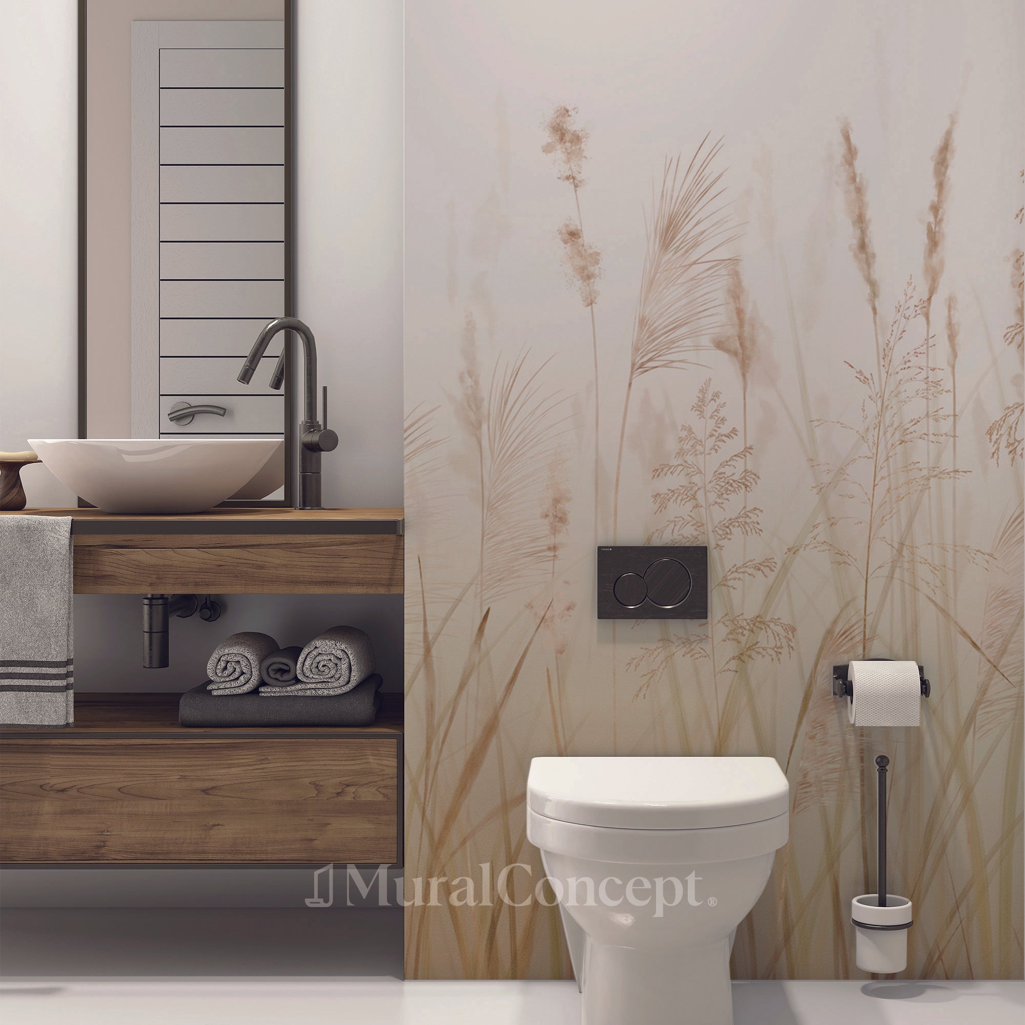 Papier peint toilette fleur des champs de blé beige - panoramique sur mesure francais - muralconcept