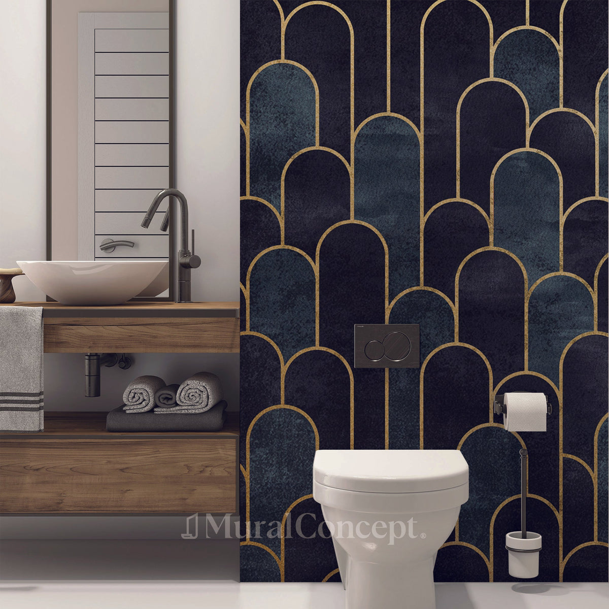 Dark blue chic toilet wallpaper