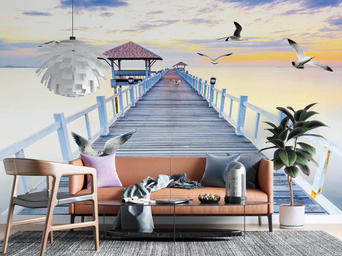 Pontoon sea view trompe l'oeil wallpaper