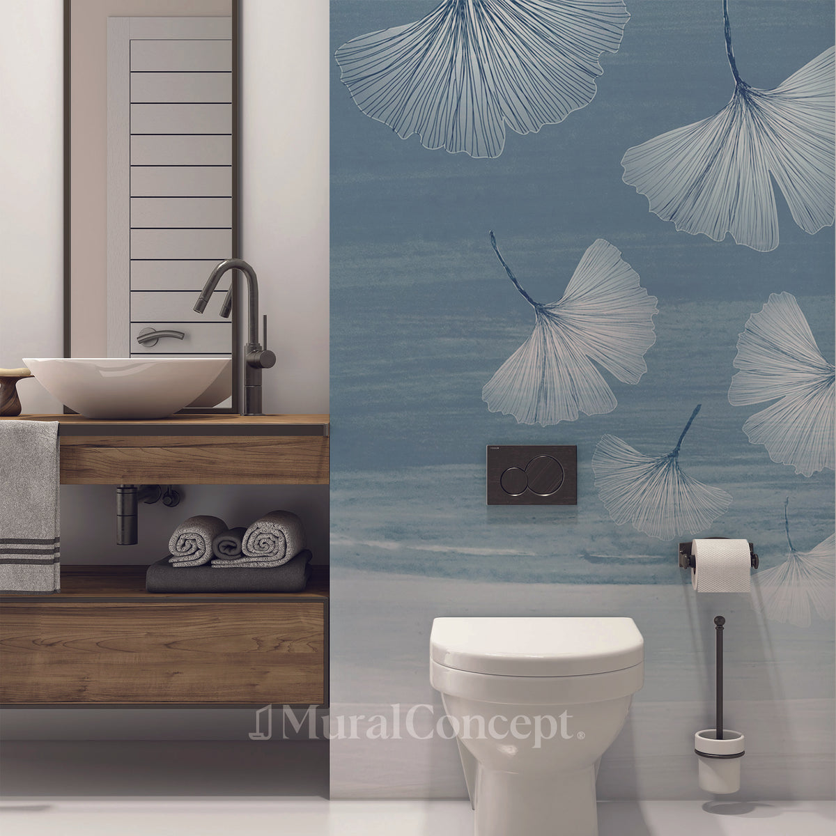 Toilet wallpaper japandi blue gingko