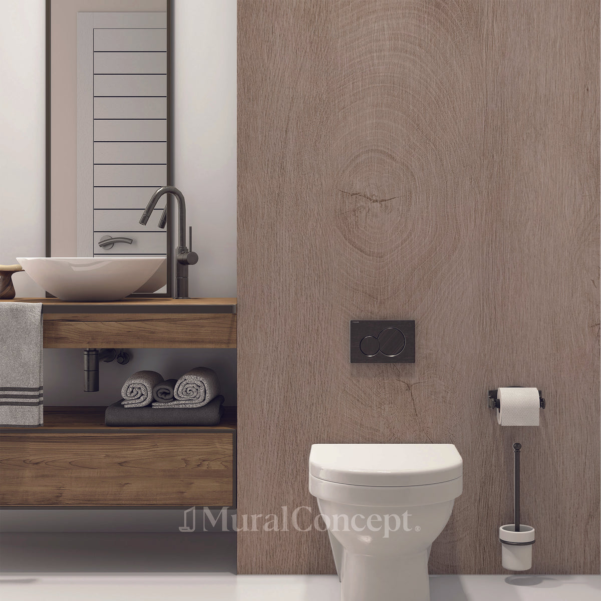 Toilet wallpaper wood panel wall brown oak tint