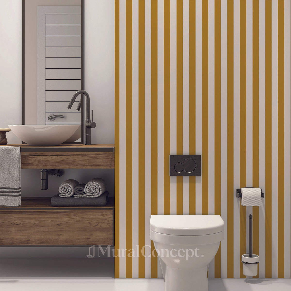 Retro mustard yellow striped toilet wallpaper