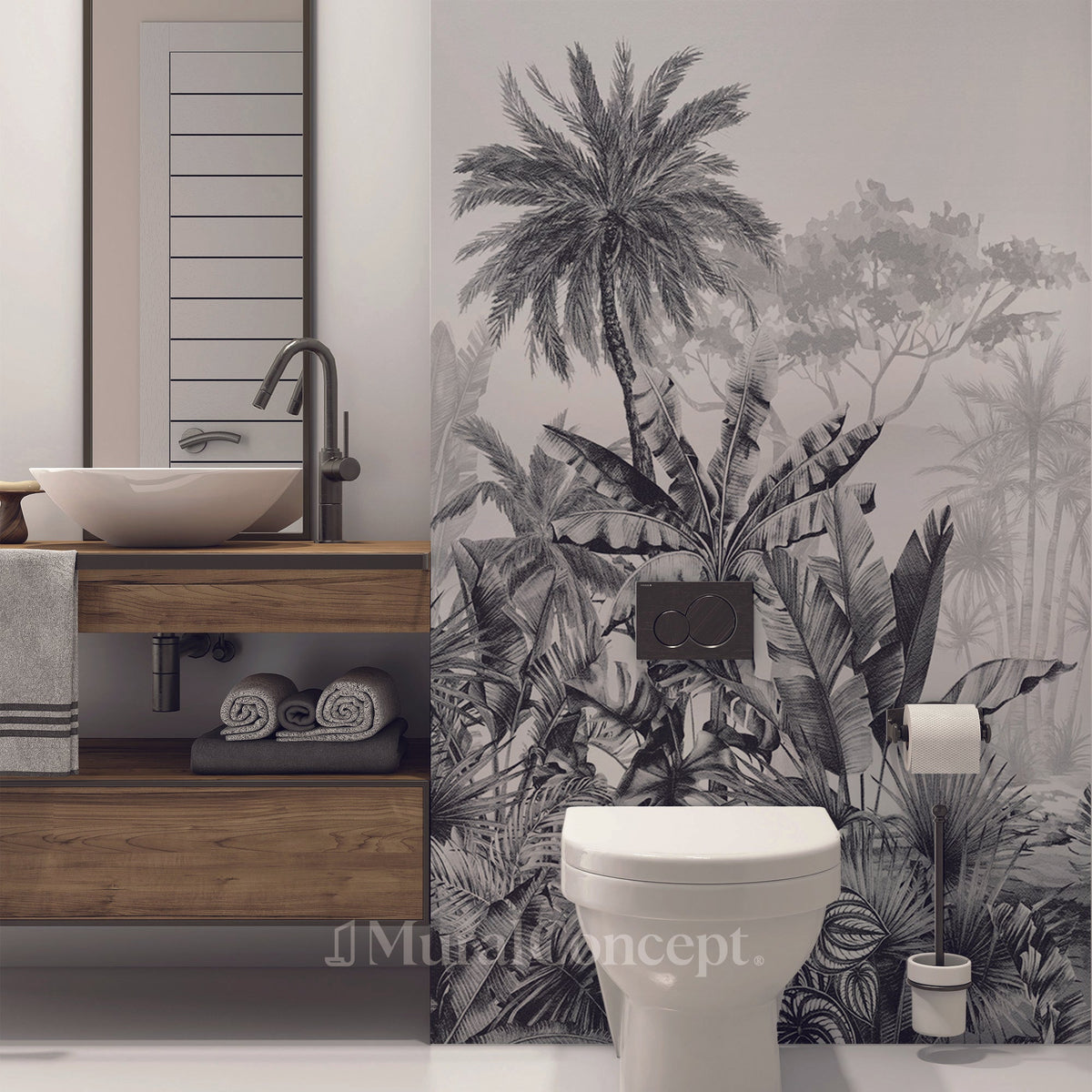 Black and white tropical trendy toilet wallpaper