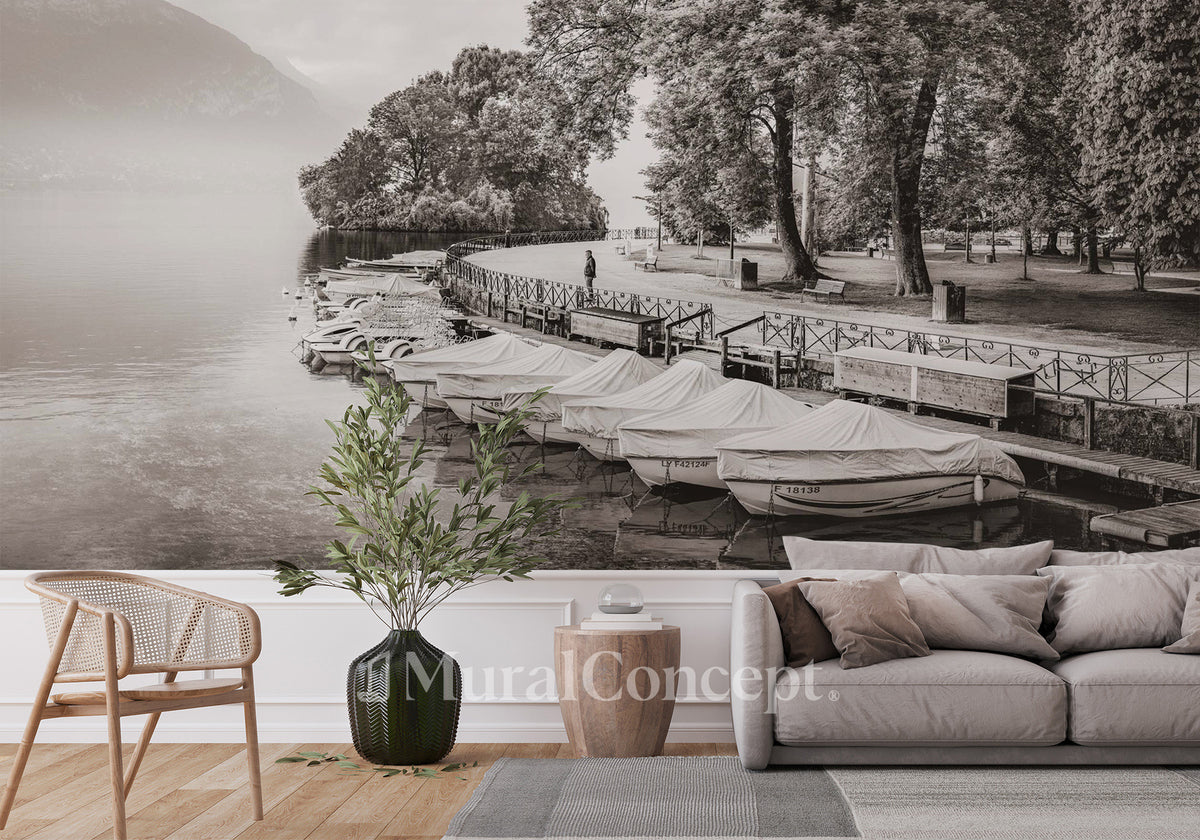 Panoramic wallpaper contemplation of Lake Annecy Sepia